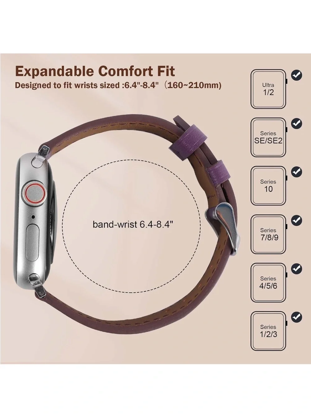 Smartwatch Band GENUINE SOFT ITALIAN LEATHER PURPLE Men’s Women’s